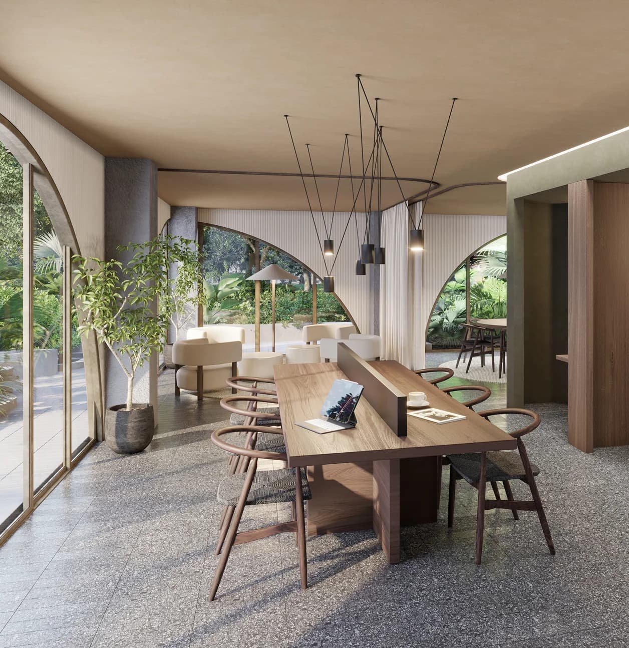 Zona de coworking con mesa larga, sillas de madera y ventanales en arco