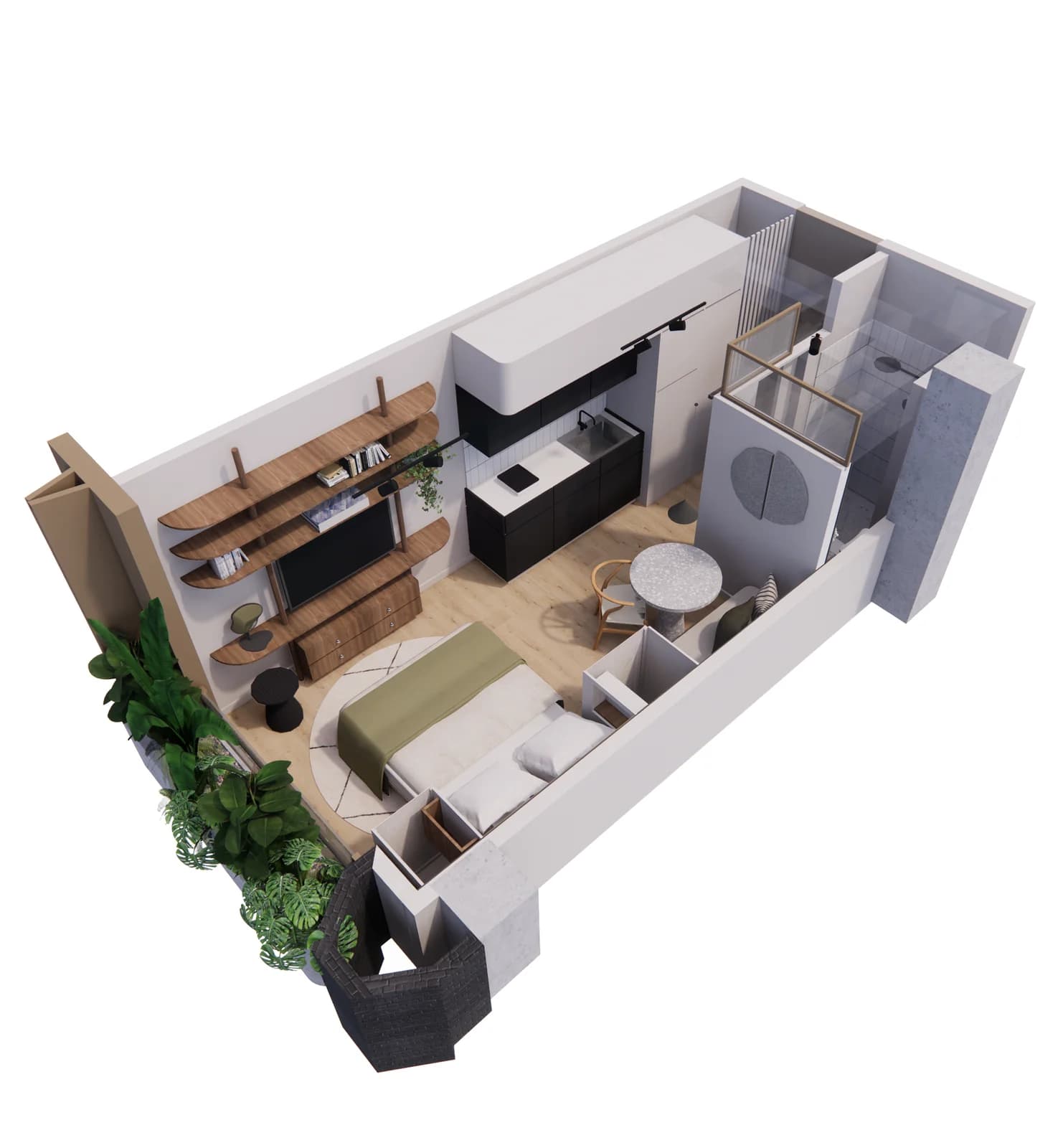 Planta axonométrica del apartaestudio con acabados