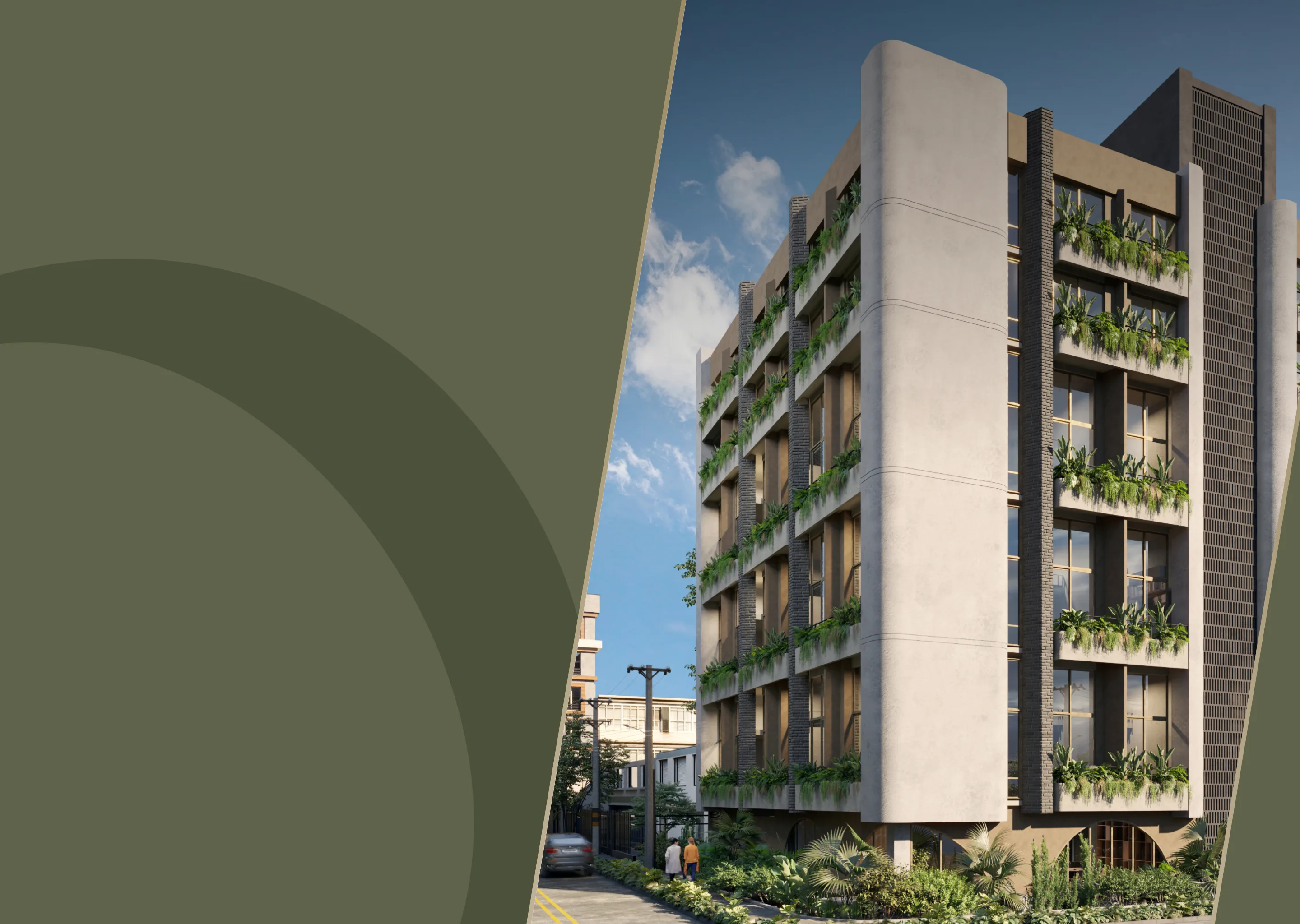 Fachada del edificio O2 Castellana rodeada de balcones con jardín