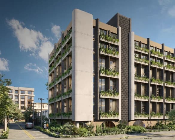 Fachada del edificio O2 Castellana rodeada de balcones con jardín
